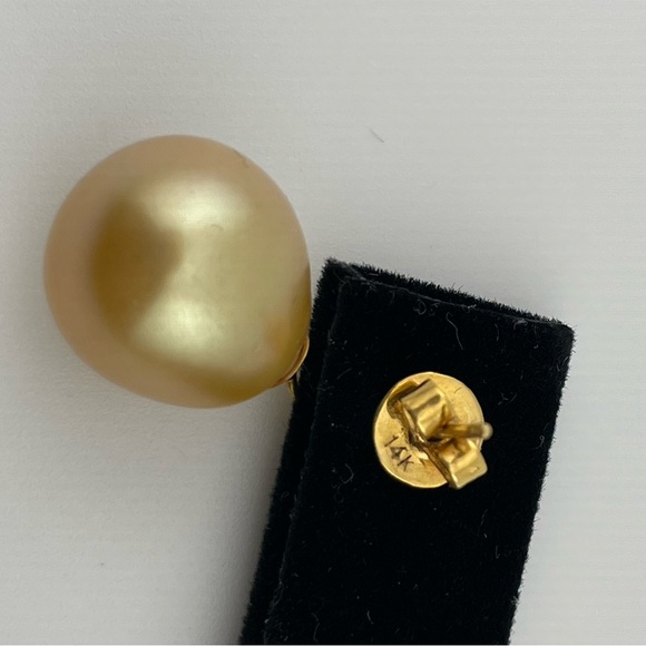 Authentic South Sea Pearl Drop Earrings (Champagne) 12–12.8mm | 14K Gold - Picture 7 of 9